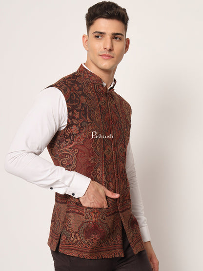 Pashtush India Coats & Jackets PASHTUSH MENS WOVEN JACQUARD WAISTCOAT, Structured SLIM FIT, Black