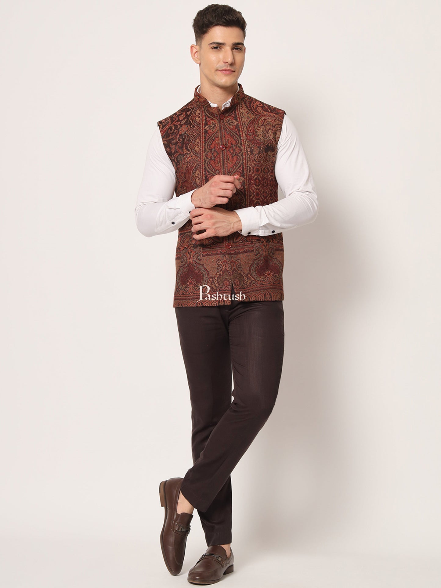 Pashtush India Coats & Jackets PASHTUSH MENS WOVEN JACQUARD WAISTCOAT, Structured SLIM FIT, Black