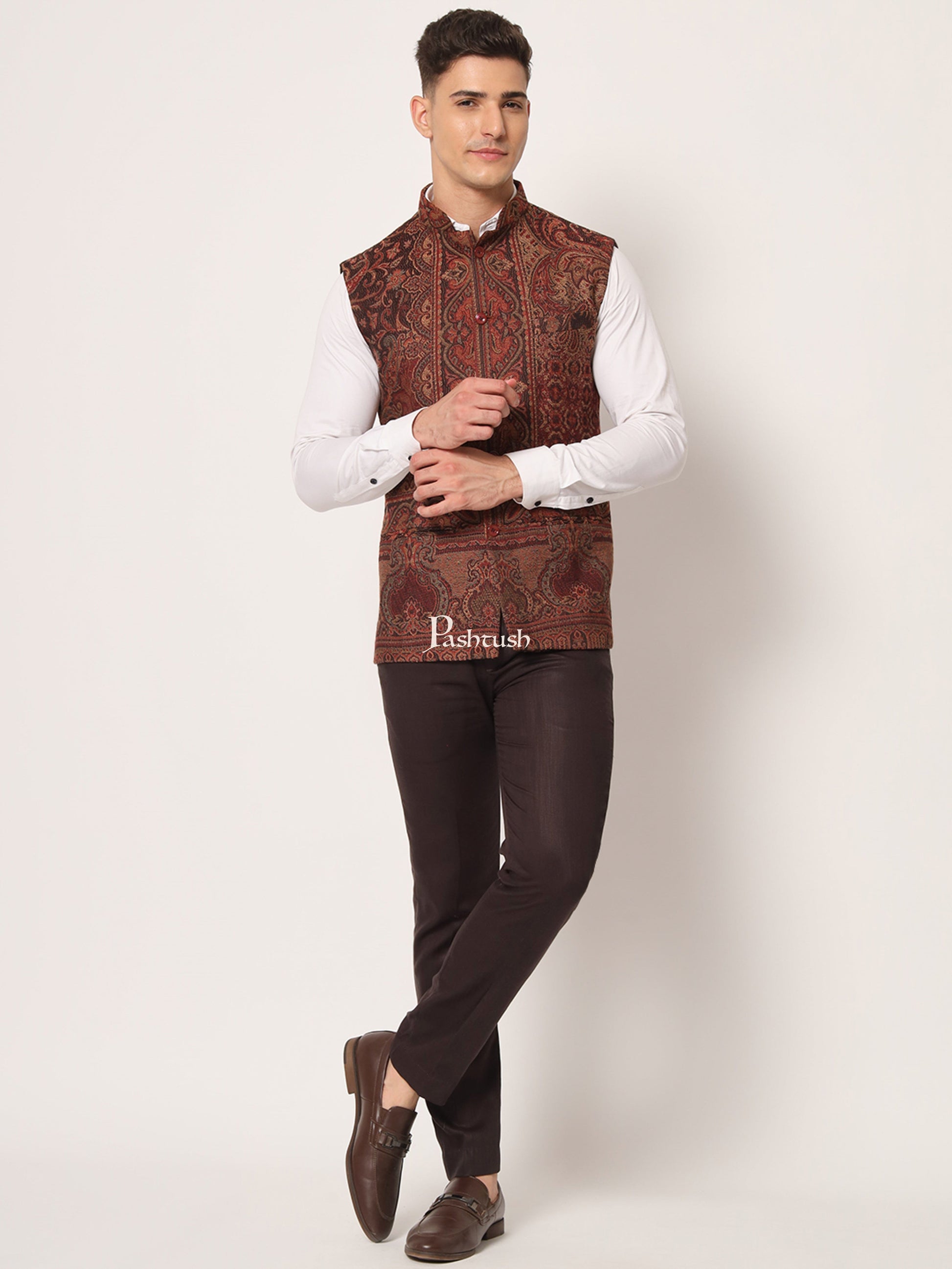 Pashtush India Coats & Jackets PASHTUSH MENS WOVEN JACQUARD WAISTCOAT, Structured SLIM FIT, Black