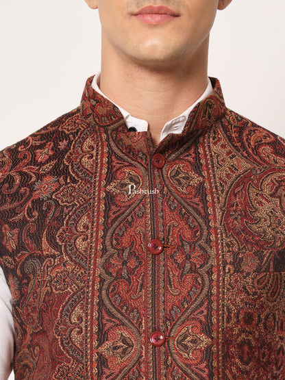 Pashtush India Coats & Jackets PASHTUSH MENS WOVEN JACQUARD WAISTCOAT, Structured SLIM FIT, Black