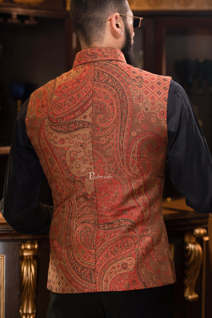 Pashtush India Coats & Jackets PASHTUSH MENS WOVEN JACQUARD WAISTCOAT, Structured SLIM FIT, Brown