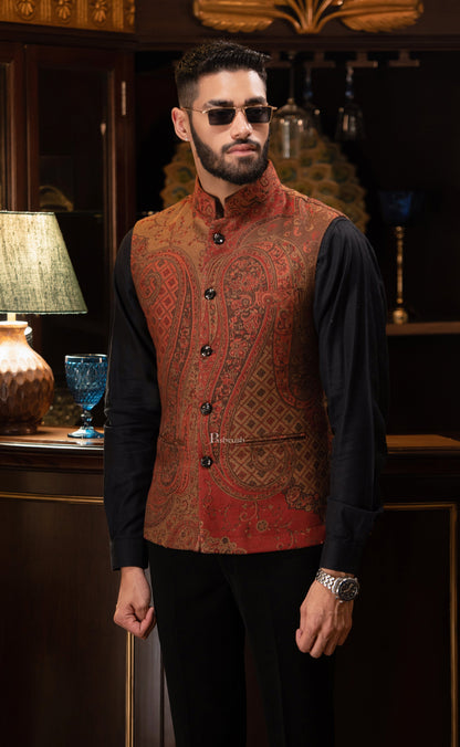 Pashtush India Coats & Jackets PASHTUSH MENS WOVEN JACQUARD WAISTCOAT, Structured SLIM FIT, Brown