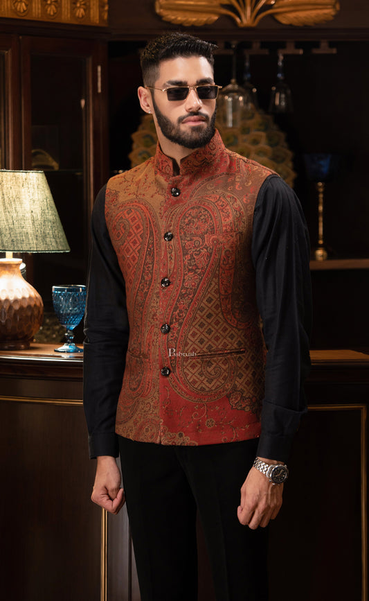Pashtush India Coats & Jackets PASHTUSH MENS WOVEN JACQUARD WAISTCOAT, Structured SLIM FIT, Brown