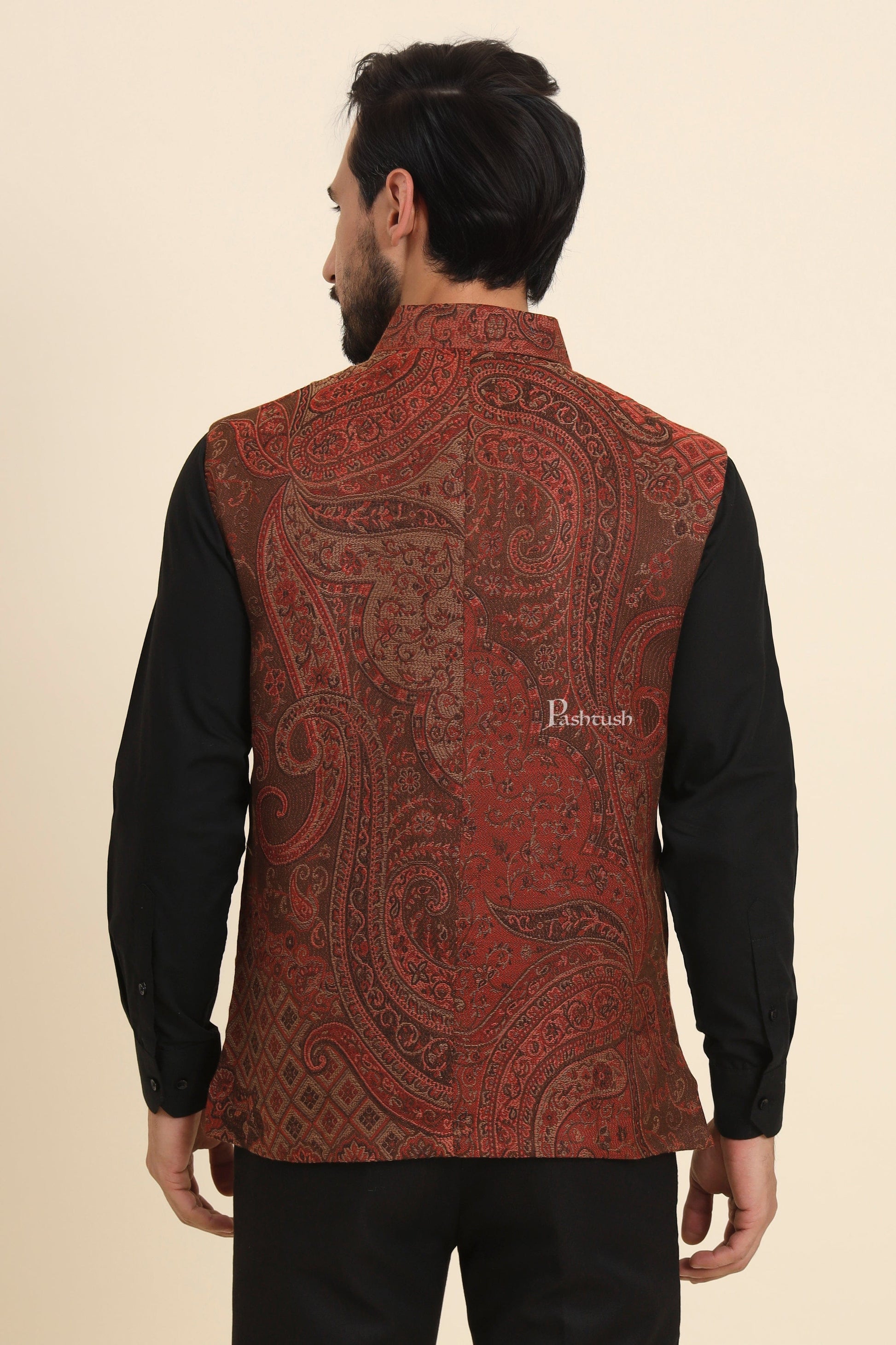 Pashtush India Coats & Jackets Pashtush Mens Woven Jacquard Waistcoat, Structured Slim Fit, Brown