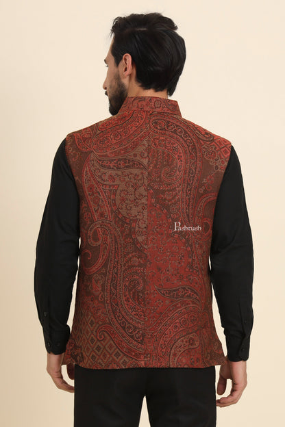 Pashtush India Coats & Jackets Pashtush Mens Woven Jacquard Waistcoat, Structured Slim Fit, Brown