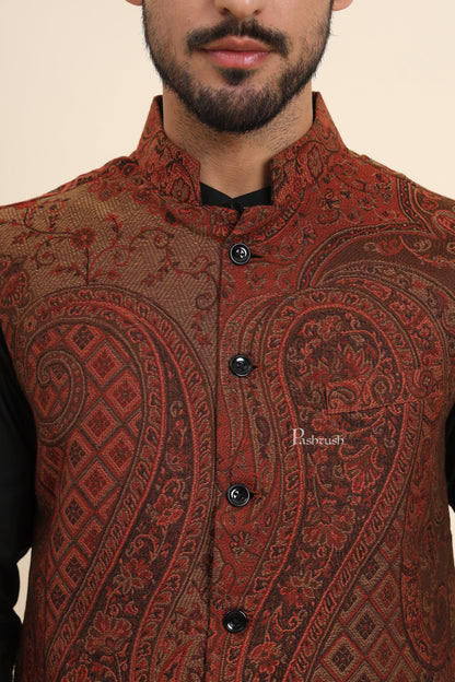 Pashtush India Coats & Jackets Pashtush Mens Woven Jacquard Waistcoat, Structured Slim Fit, Brown