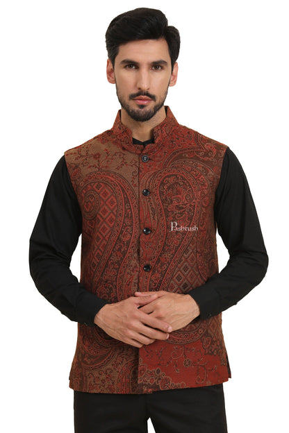 Pashtush India Coats & Jackets Pashtush Mens Woven Jacquard Waistcoat, Structured Slim Fit, Brown