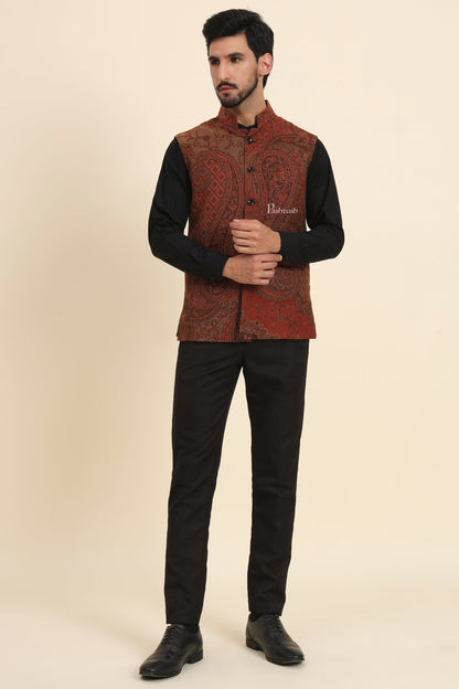 Pashtush India Coats & Jackets Pashtush Mens Woven Jacquard Waistcoat, Structured Slim Fit, Brown