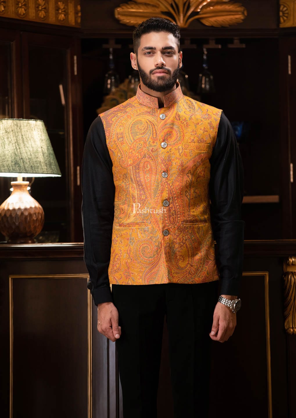 Pashtush India Coats & Jackets PASHTUSH MENS WOVEN JACQUARD WAISTCOAT, Structured SLIM FIT, Mustard