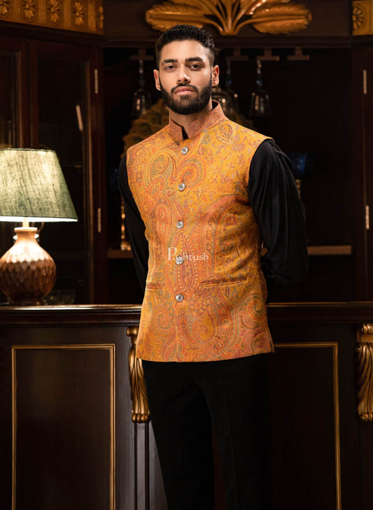 Pashtush India Coats & Jackets PASHTUSH MENS WOVEN JACQUARD WAISTCOAT, Structured SLIM FIT, Mustard