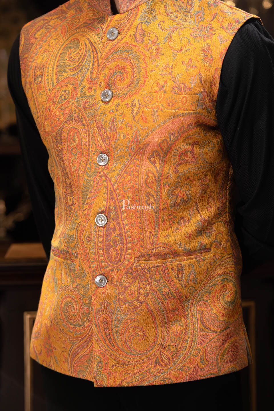 Pashtush India Coats & Jackets PASHTUSH MENS WOVEN JACQUARD WAISTCOAT, Structured SLIM FIT, Mustard