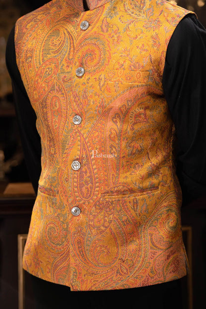 Pashtush India Coats & Jackets PASHTUSH MENS WOVEN JACQUARD WAISTCOAT, Structured SLIM FIT, Mustard