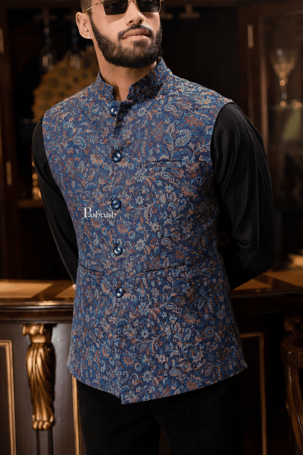 Pashtush India Coats & Jackets Pashtush Mens Woven Jacquard Waistcoat, Structured Slim Fit, Navy Blue
