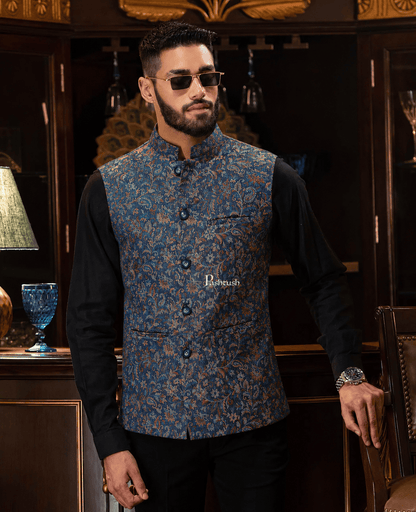 Pashtush India Coats & Jackets Pashtush Mens Woven Jacquard Waistcoat, Structured Slim Fit, Navy Blue