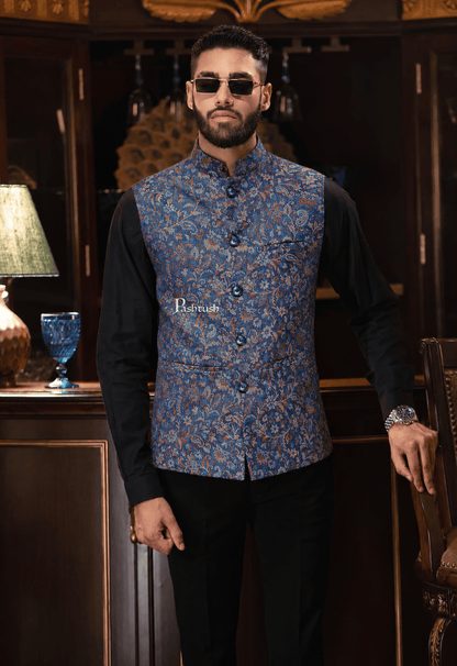 Pashtush India Coats & Jackets Pashtush Mens Woven Jacquard Waistcoat, Structured Slim Fit, Navy Blue