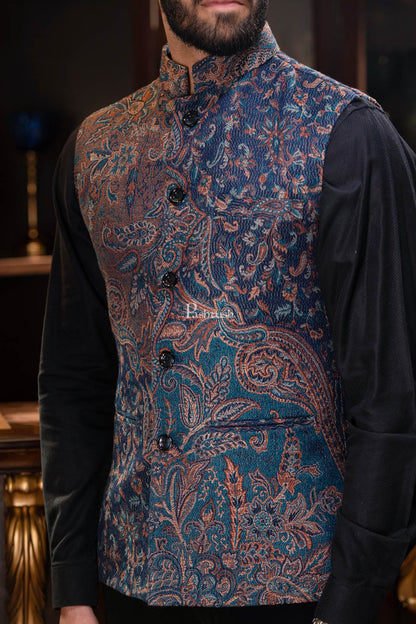 Pashtush India Coats & Jackets PASHTUSH MENS WOVEN JACQUARD WAISTCOAT, Structured SLIM FIT, Navy Blue