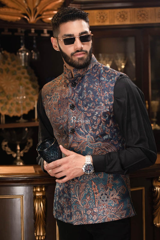 Pashtush India Coats & Jackets PASHTUSH MENS WOVEN JACQUARD WAISTCOAT, Structured SLIM FIT, Navy Blue