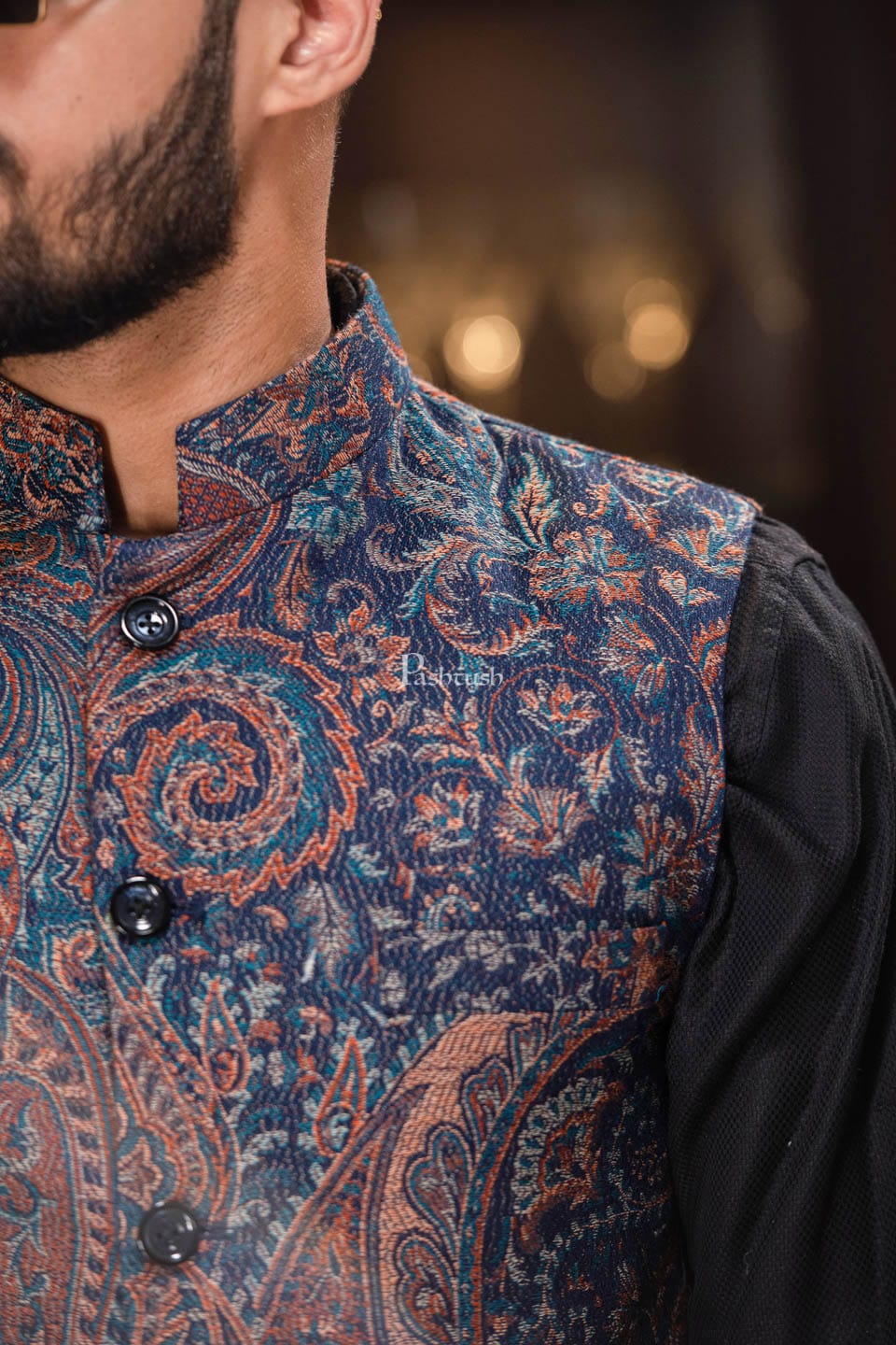 Pashtush India Coats & Jackets PASHTUSH MENS WOVEN JACQUARD WAISTCOAT, Structured SLIM FIT, Navy Blue