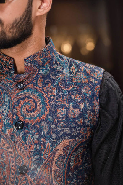 Pashtush India Coats & Jackets PASHTUSH MENS WOVEN JACQUARD WAISTCOAT, Structured SLIM FIT, Navy Blue