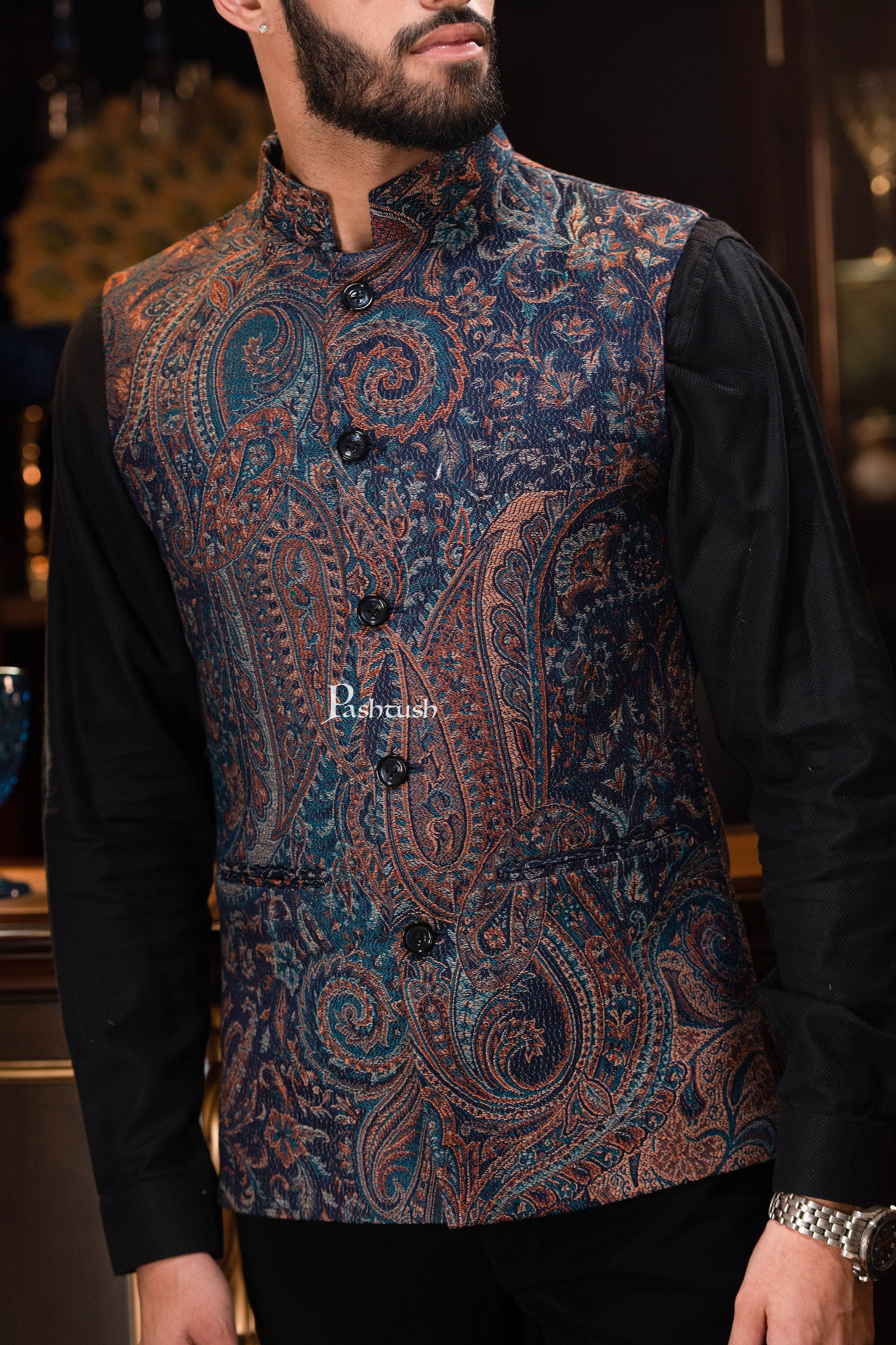 Pashtush India Coats & Jackets PASHTUSH MENS WOVEN JACQUARD WAISTCOAT, Structured SLIM FIT, Navy Blue