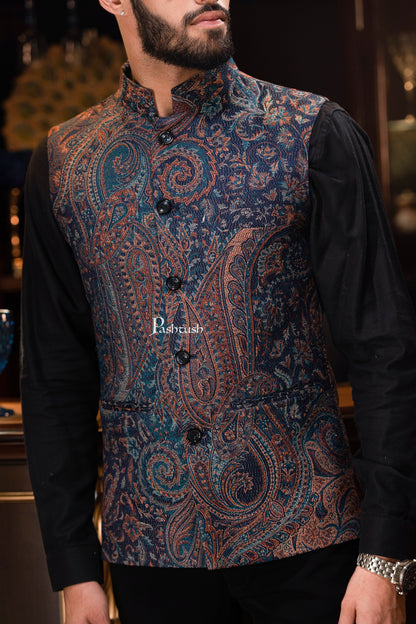 Pashtush India Coats & Jackets PASHTUSH MENS WOVEN JACQUARD WAISTCOAT, Structured SLIM FIT, Navy Blue