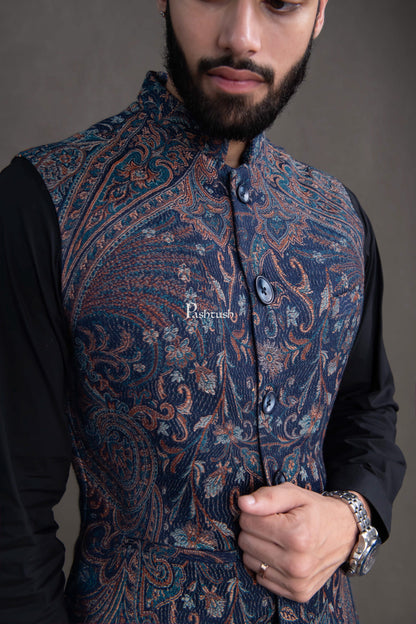 Pashtush India Coats & Jackets PASHTUSH MENS WOVEN JACQUARD WAISTCOAT, STRUCTURED SLIM FIT, NAVY BLUE