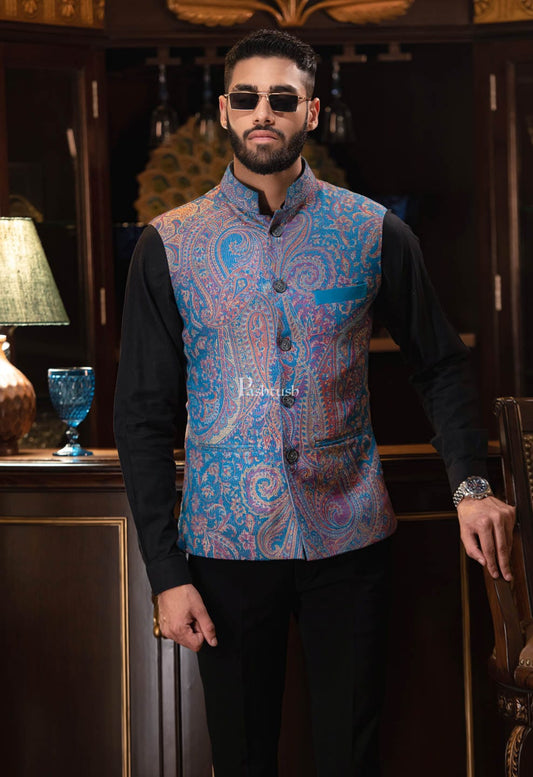 Pashtush India Coats & Jackets PASHTUSH MENS WOVEN JACQUARD WAISTCOAT, Structured SLIM FIT, Saphire blue