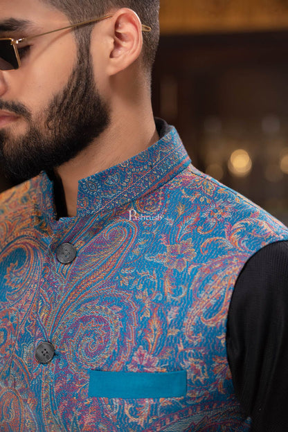 Pashtush India Coats & Jackets PASHTUSH MENS WOVEN JACQUARD WAISTCOAT, Structured SLIM FIT, Saphire blue