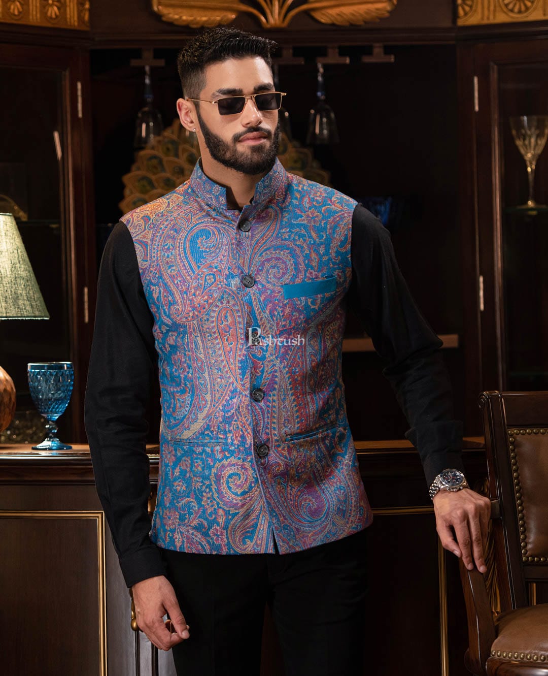 Pashtush India Coats & Jackets PASHTUSH MENS WOVEN JACQUARD WAISTCOAT, Structured SLIM FIT, Saphire blue