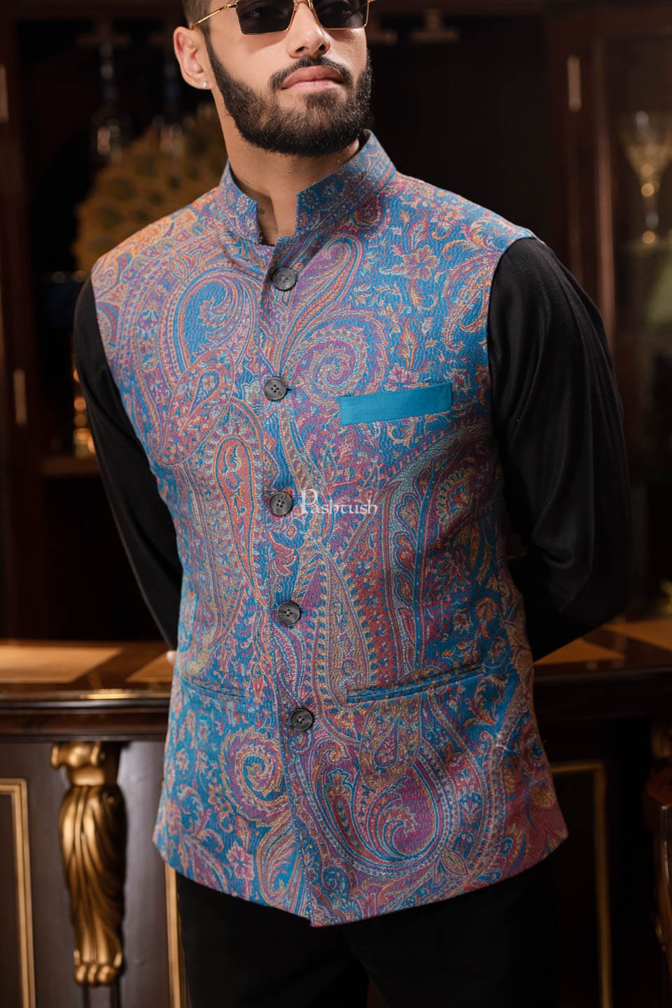 Pashtush India Coats & Jackets PASHTUSH MENS WOVEN JACQUARD WAISTCOAT, Structured SLIM FIT, Saphire blue