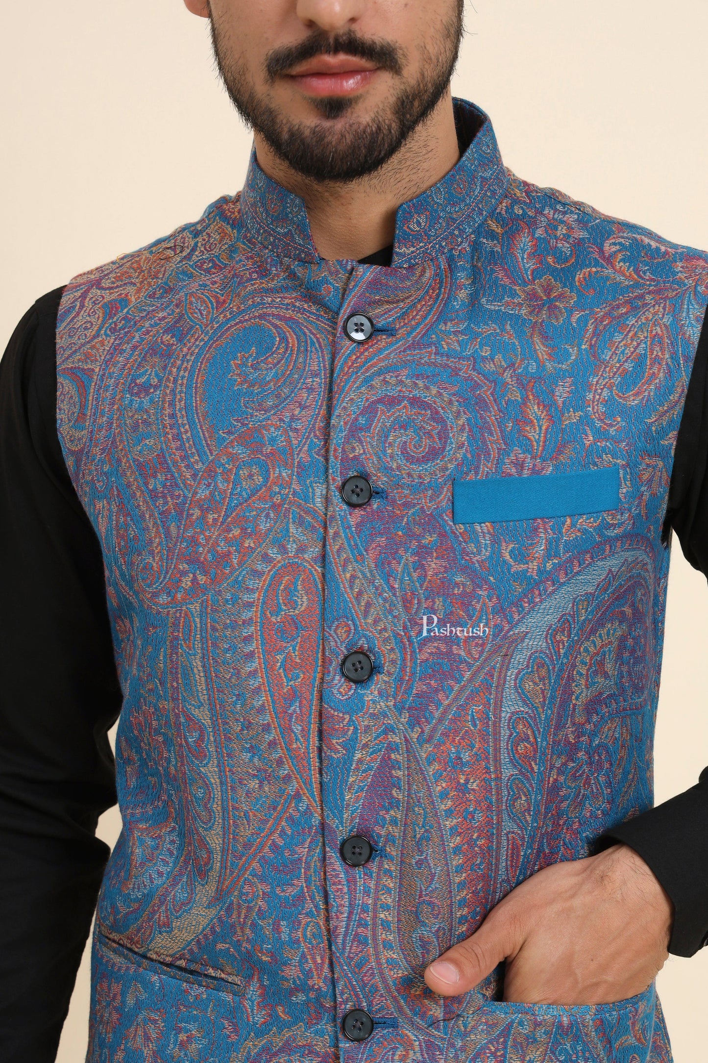 Pashtush India Coats & Jackets Pashtush Mens Woven Jacquard Waistcoat, Structured Slim Fit, Sapphire Blue