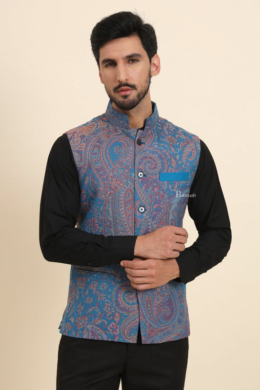Pashtush India Coats & Jackets Pashtush Mens Woven Jacquard Waistcoat, Structured Slim Fit, Sapphire Blue