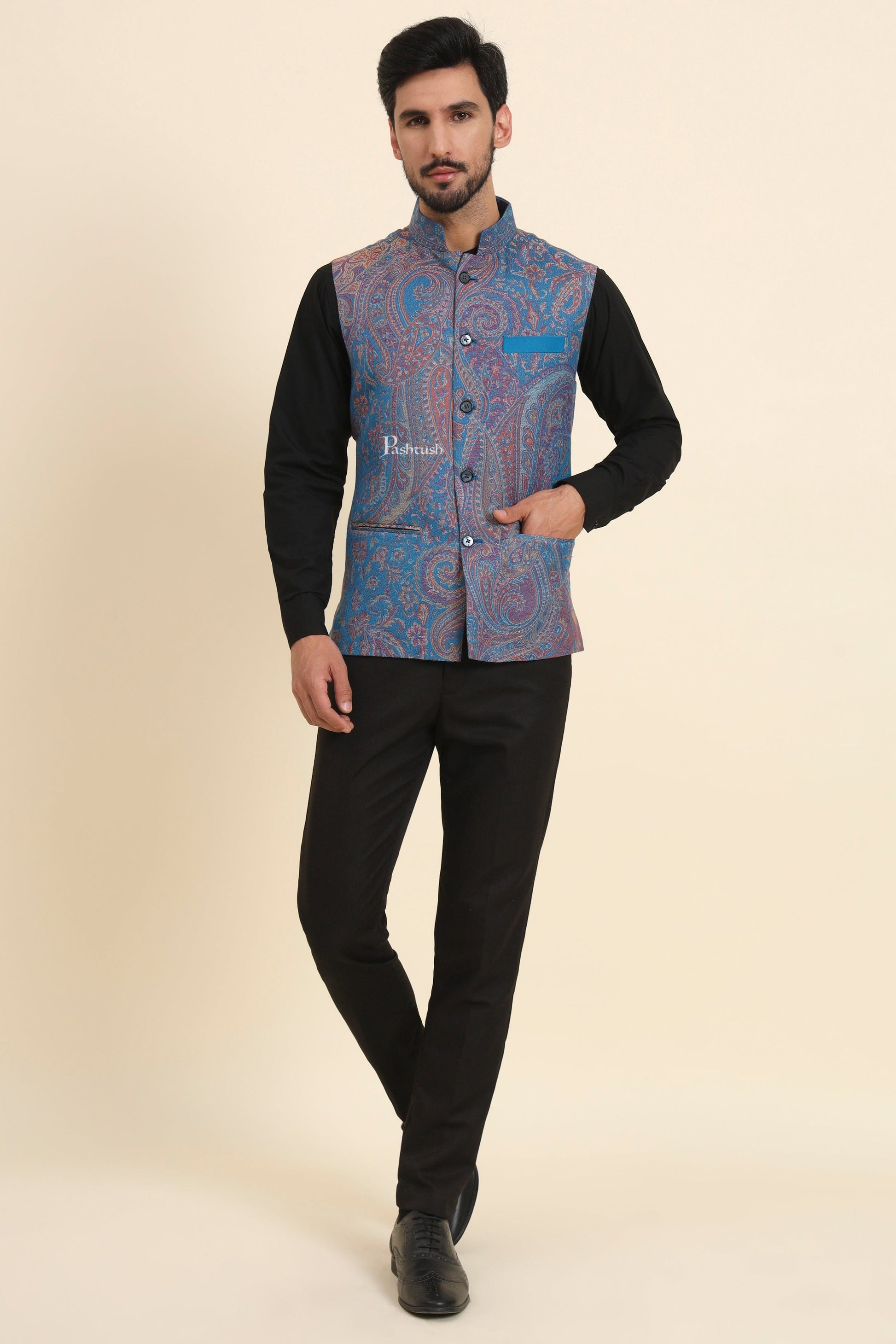 Pashtush India Coats & Jackets Pashtush Mens Woven Jacquard Waistcoat, Structured Slim Fit, Sapphire Blue