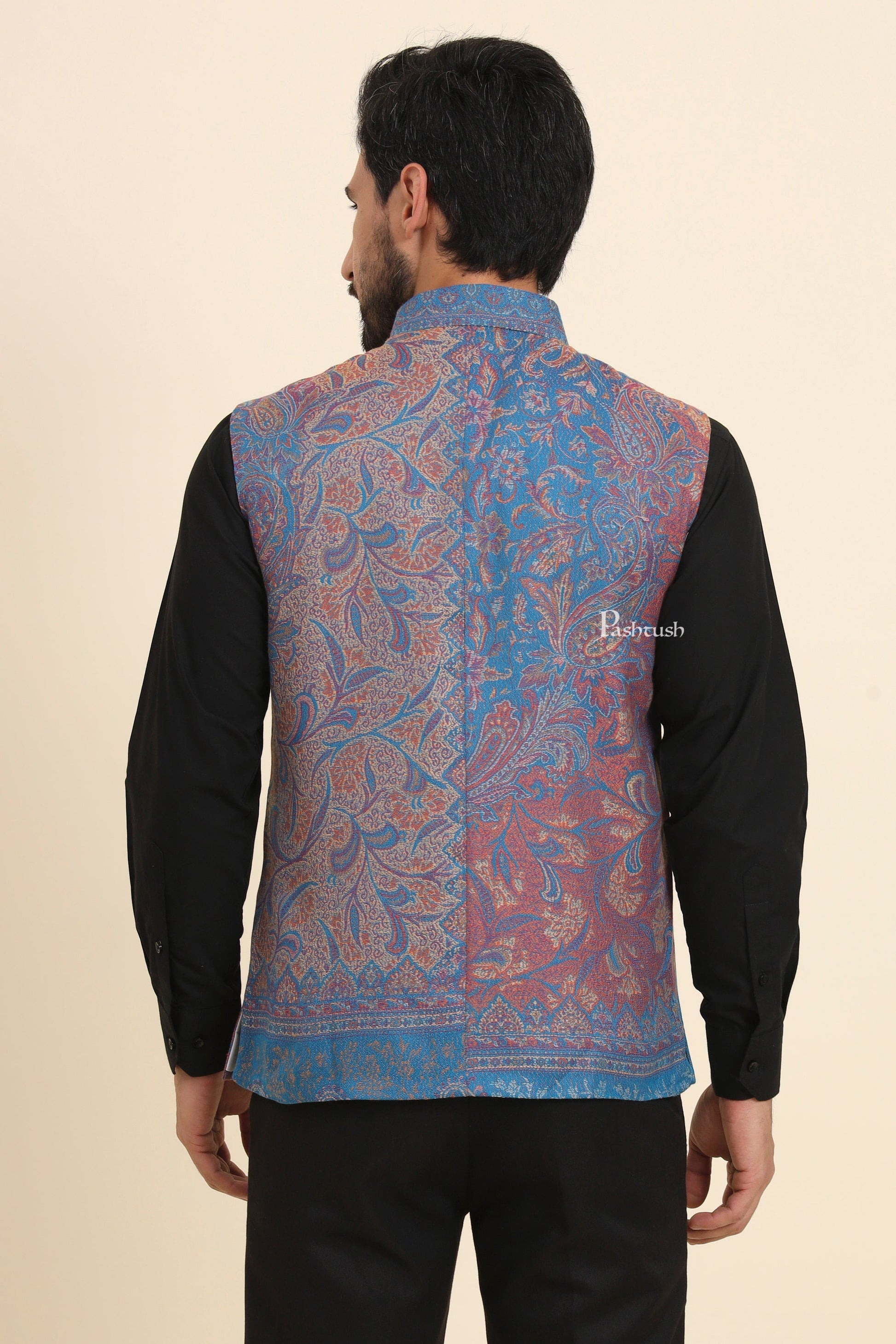 Pashtush India Coats & Jackets Pashtush Mens Woven Jacquard Waistcoat, Structured Slim Fit, Sapphire Blue
