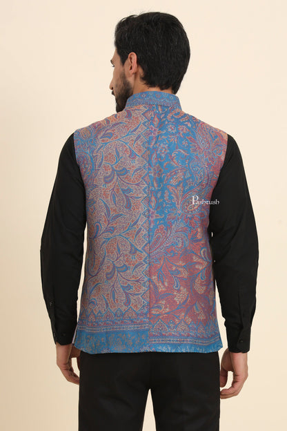 Pashtush India Coats & Jackets Pashtush Mens Woven Jacquard Waistcoat, Structured Slim Fit, Sapphire Blue