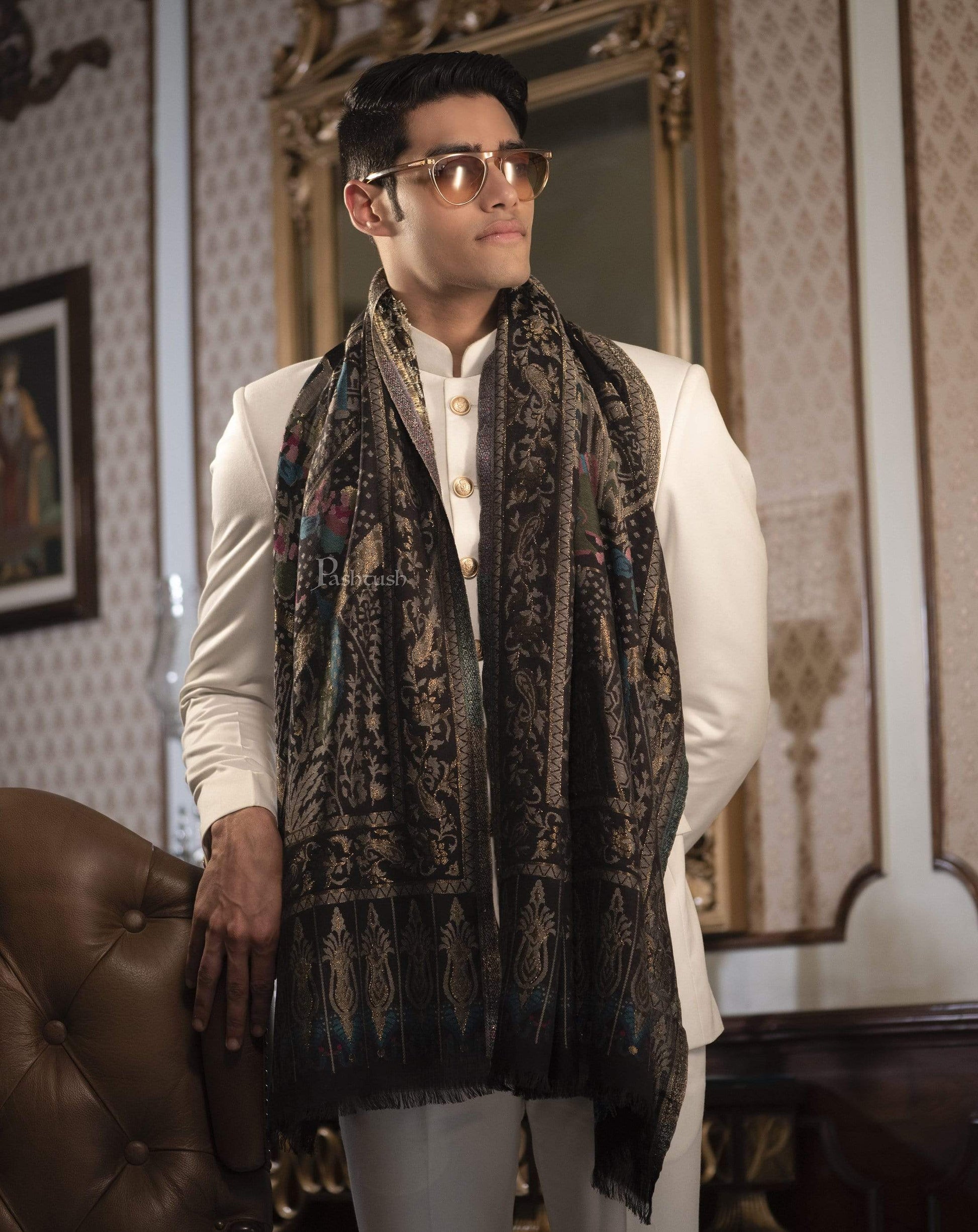 Pashtush India 100x200 Pashtush Mens, Woven Mughal Darbar Stole, with Golden Zari Weave