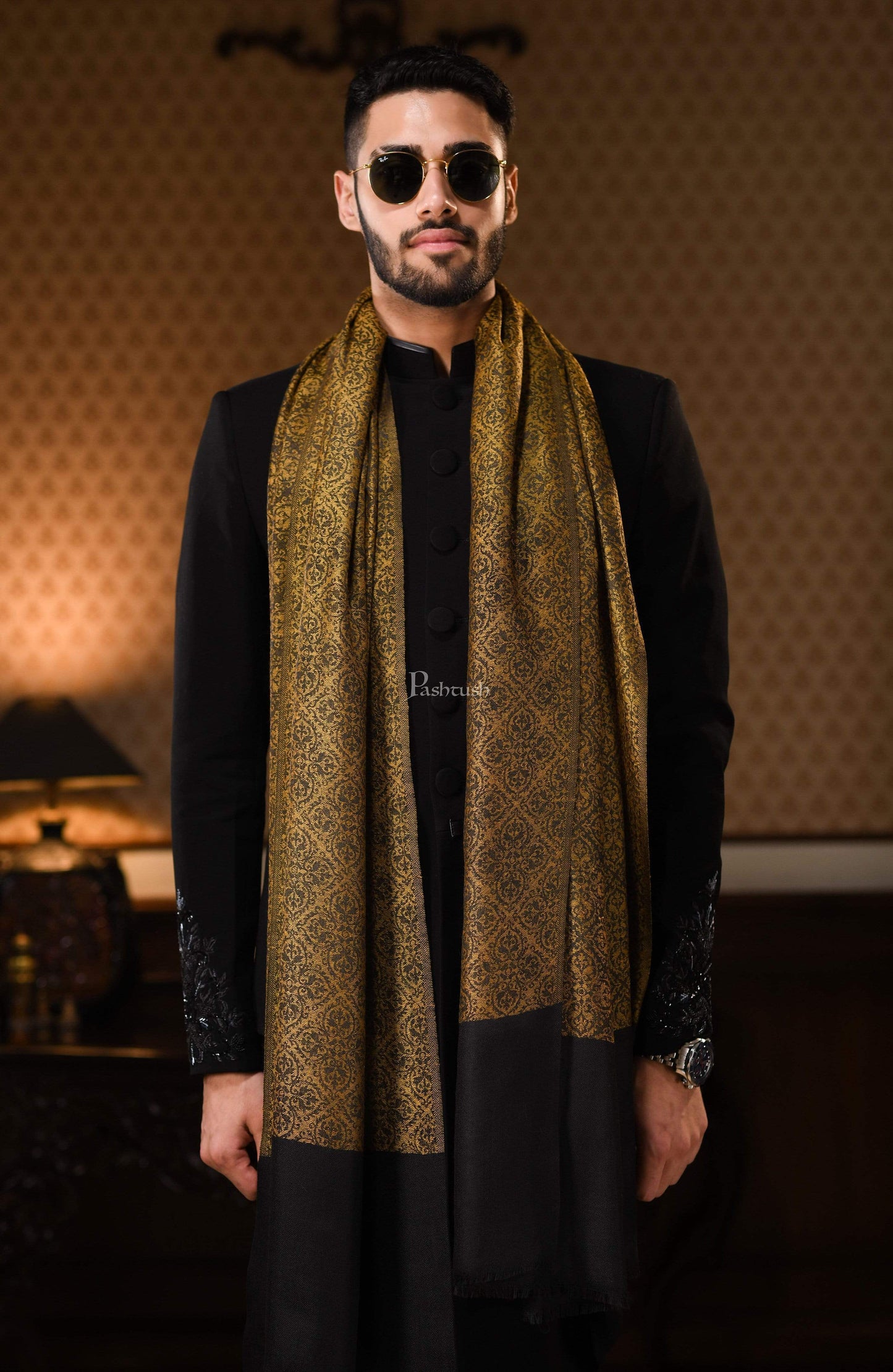 Pashtush India 100x200 Pashtush Mens Woven Paisley, Self Shawl, In Extra Soft Fine Wool, Large Wrap Size