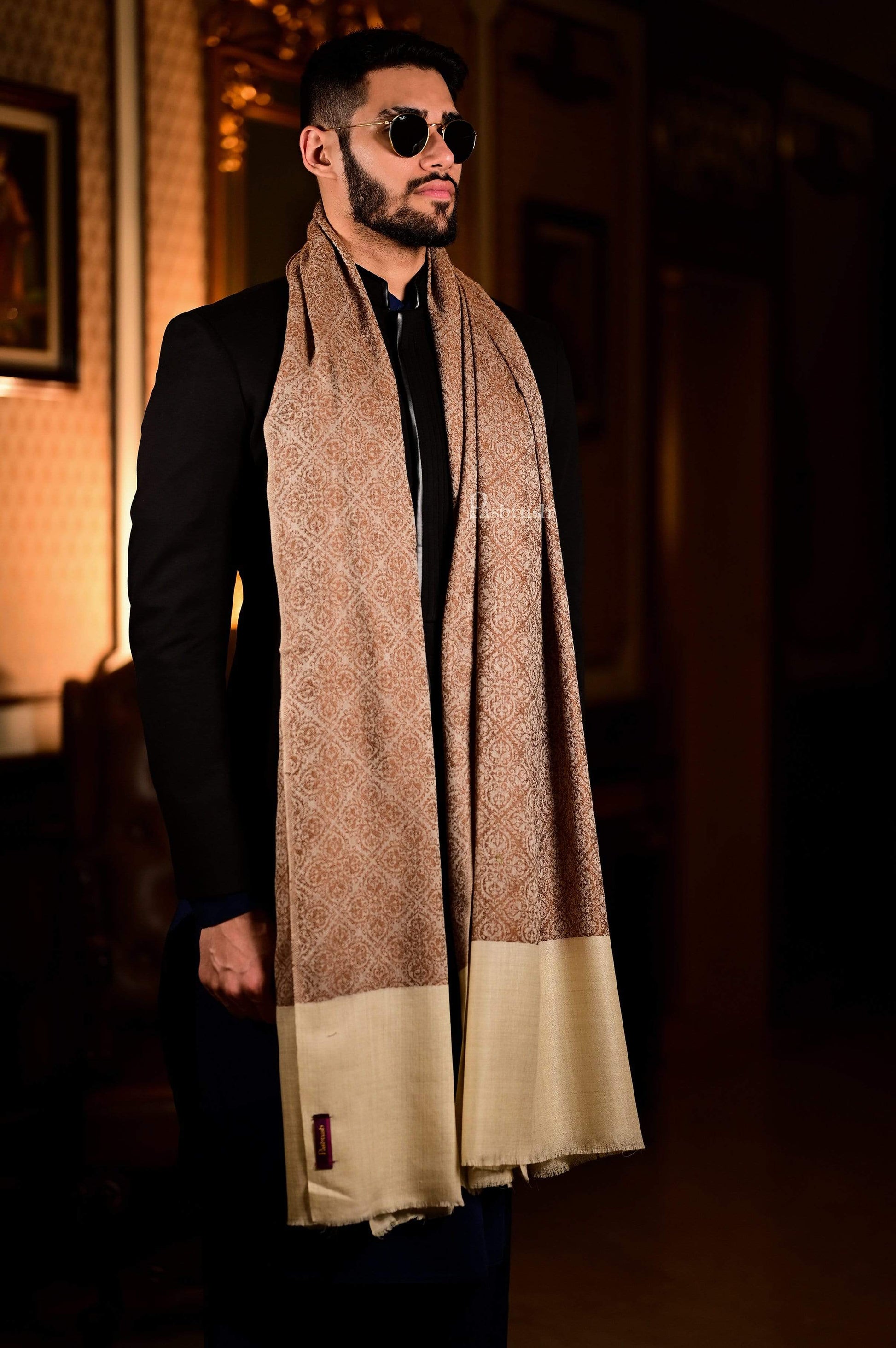 Pashtush India 114x228 Pashtush Mens Woven Paisley, Self Shawl, In Extra Soft Fine Wool, Large Wrap Size