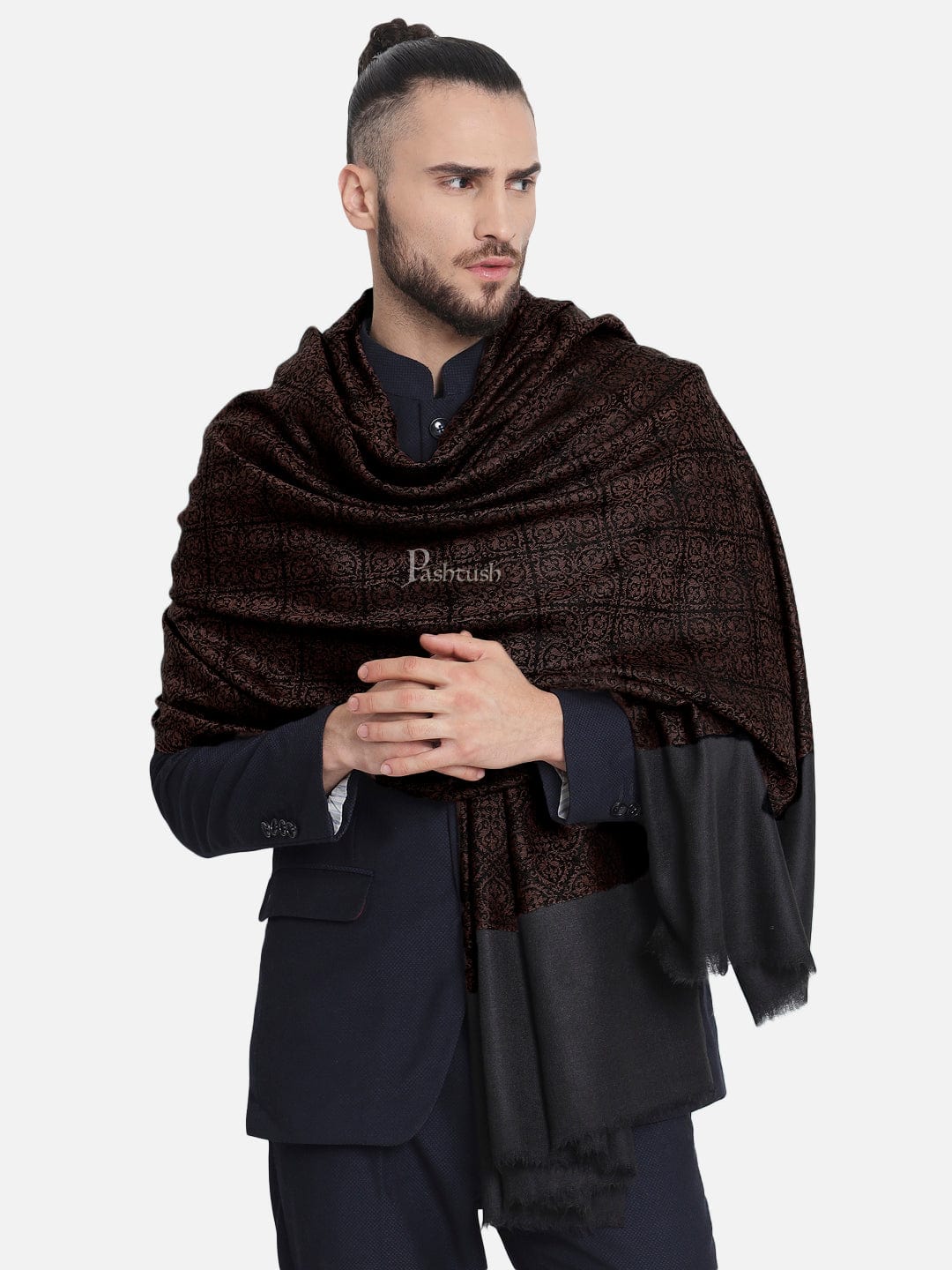 Pashtush India Mens Shawls Gents Shawl Pashtush Mens Woven Paisley, Self Shawl, In Extra Soft Fine Wool, Large Wrap Size