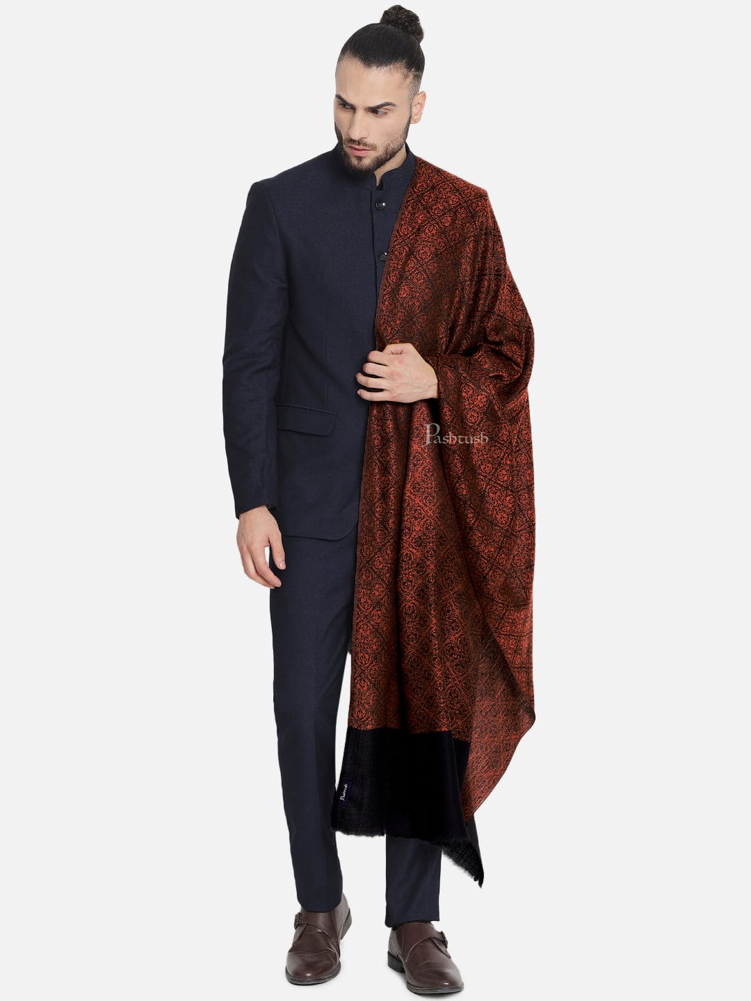 Pashtush India Mens Shawls Gents Shawl Pashtush Mens Woven Paisley, Self Shawl, In Extra Soft Fine Wool, Large Wrap Size