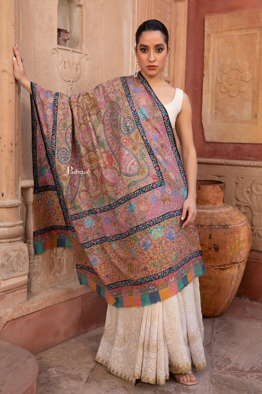 Pashtush India Womens Shawls Pashtush Pashmina Kalamkari Shawl, Pastel Hues, With Hand Painting and Outline Hand Embroidery, Soft Pastels
