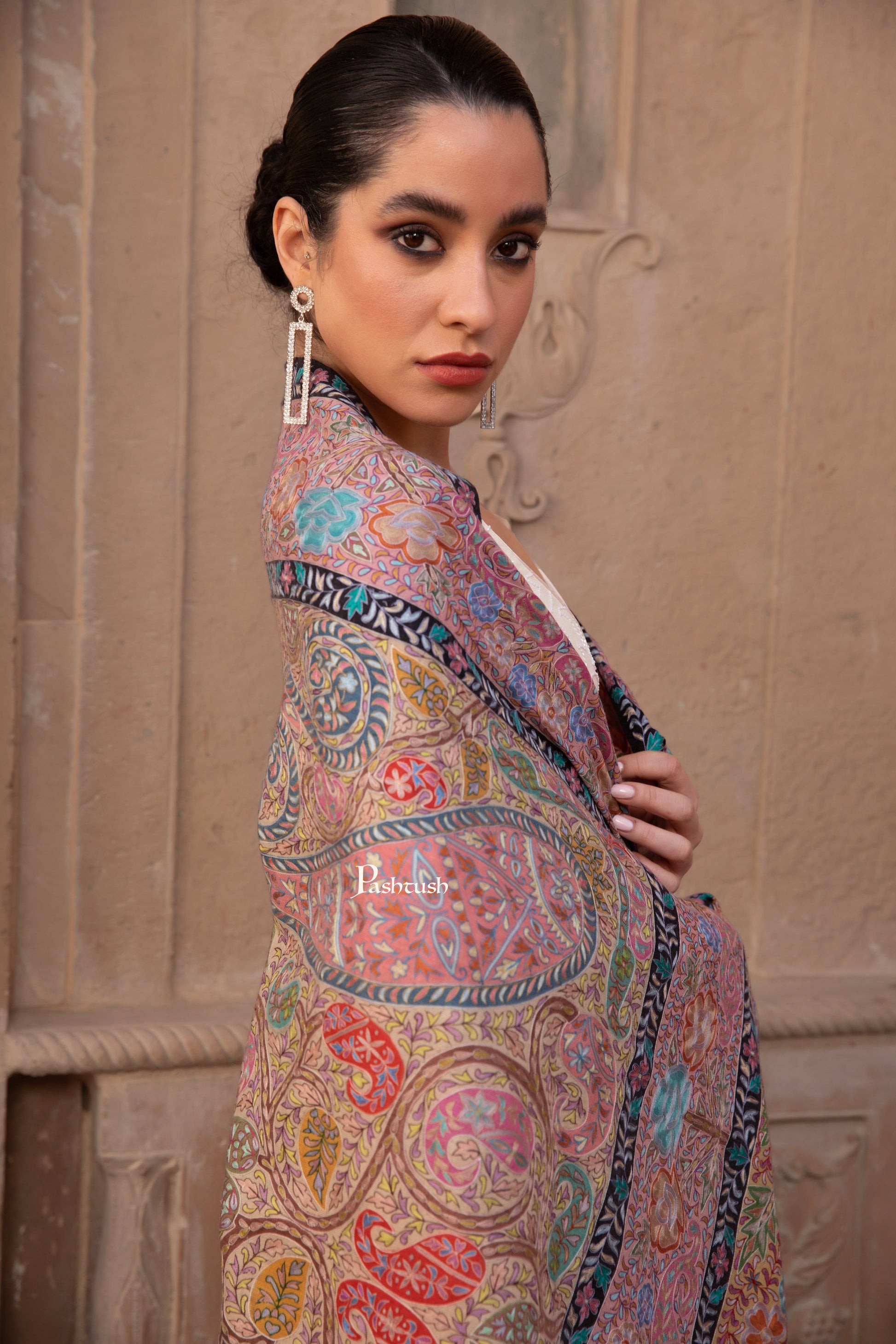 Pashtush India Womens Shawls Pashtush Pashmina Kalamkari Shawl, Pastel Hues, With Hand Painting and Outline Hand Embroidery, Soft Pastels