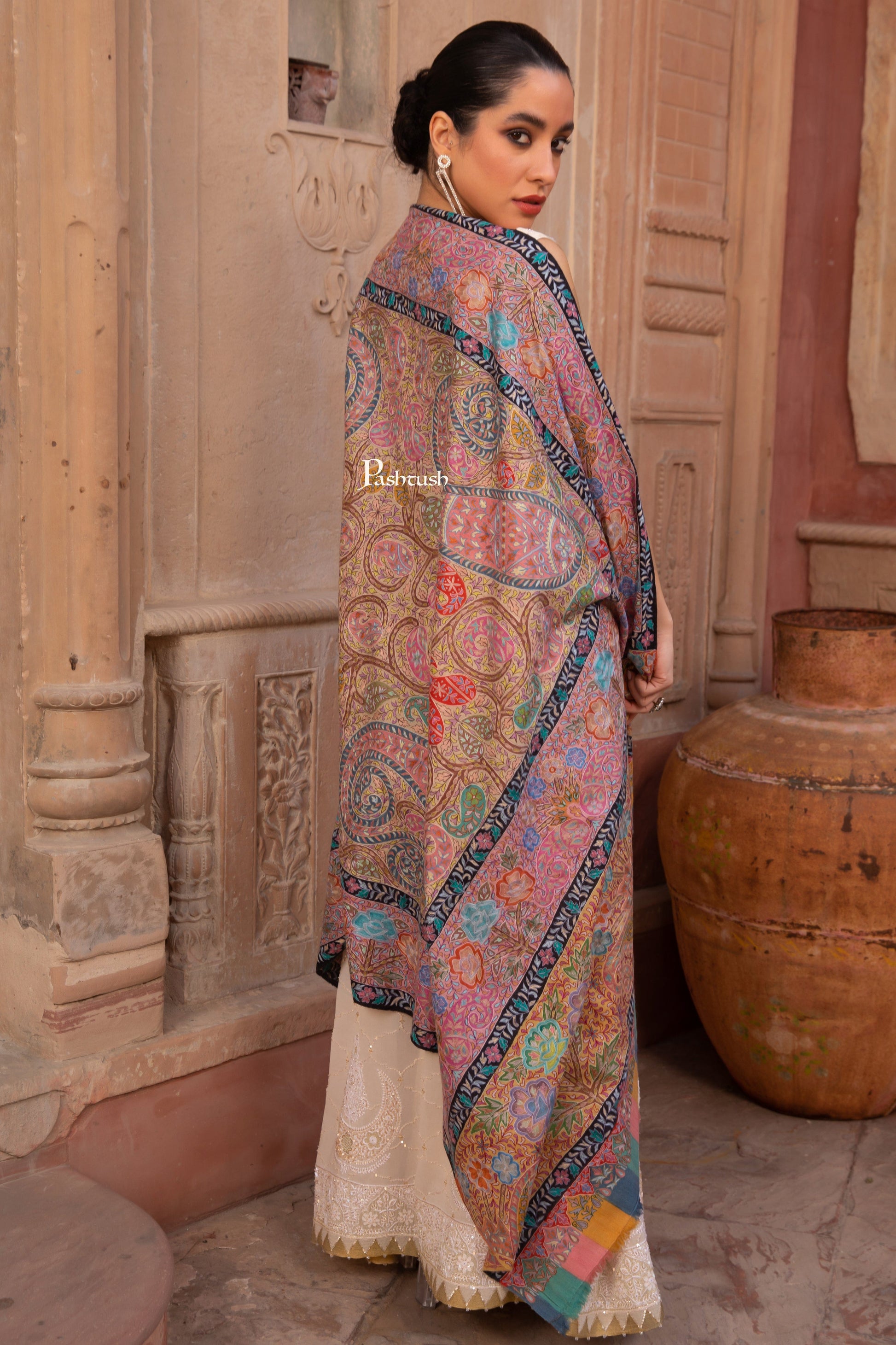 Pashtush India Womens Shawls Pashtush Pashmina Kalamkari Shawl, Pastel Hues, With Hand Painting and Outline Hand Embroidery, Soft Pastels