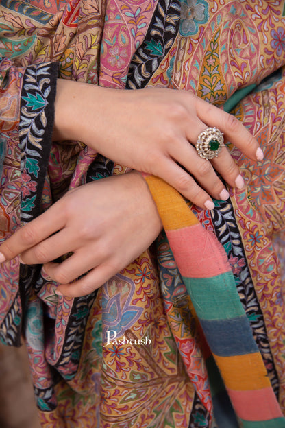 Pashtush India Womens Shawls Pashtush Pashmina Kalamkari Shawl, Pastel Hues, With Hand Painting and Outline Hand Embroidery, Soft Pastels