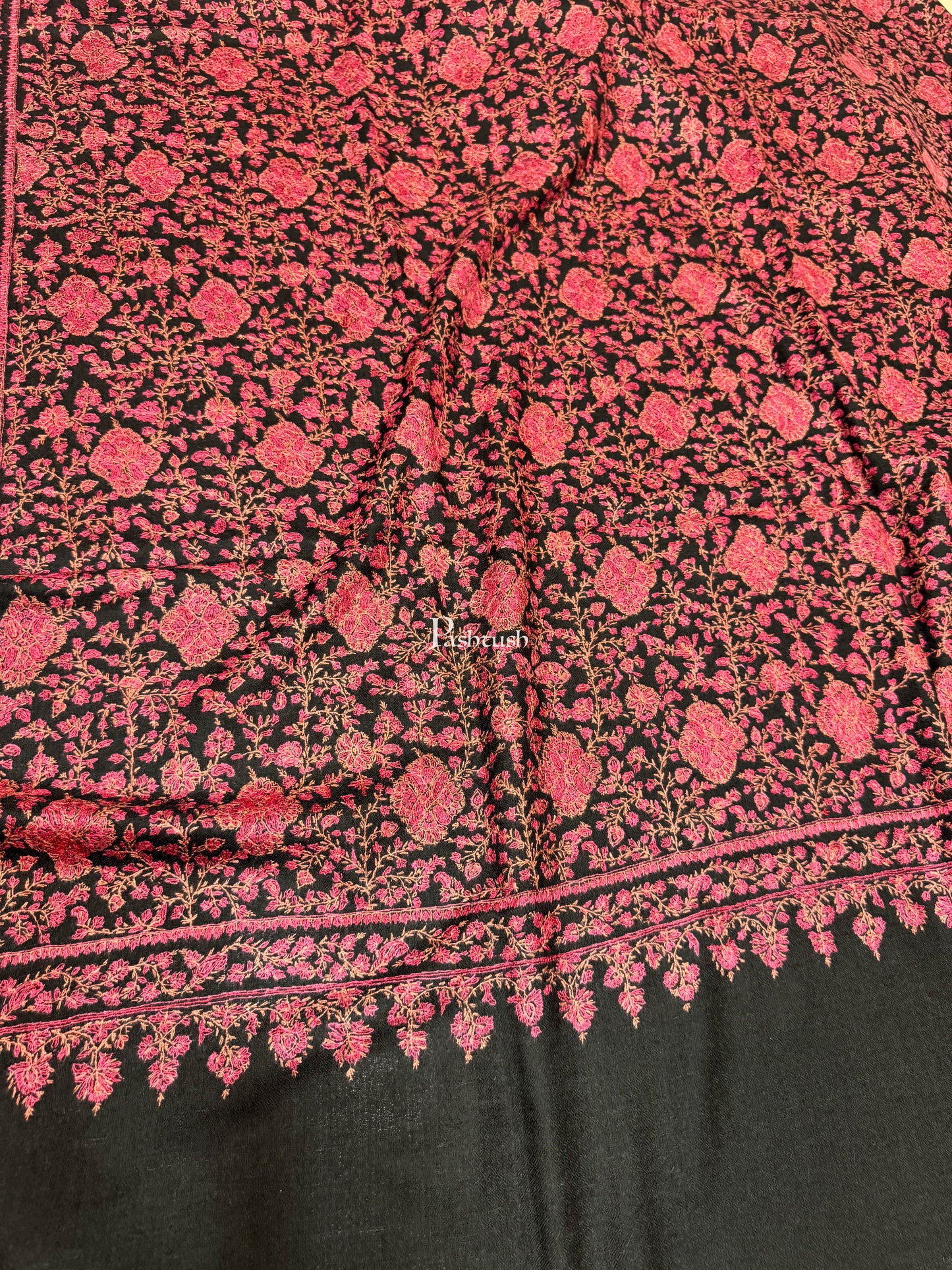 Pashtush India Womens Shawls Pashtush Pashmina Shawl , Hand Embroidered Multicoloured Jama Jaal, Handmade Kashmiri Embroidery, Black