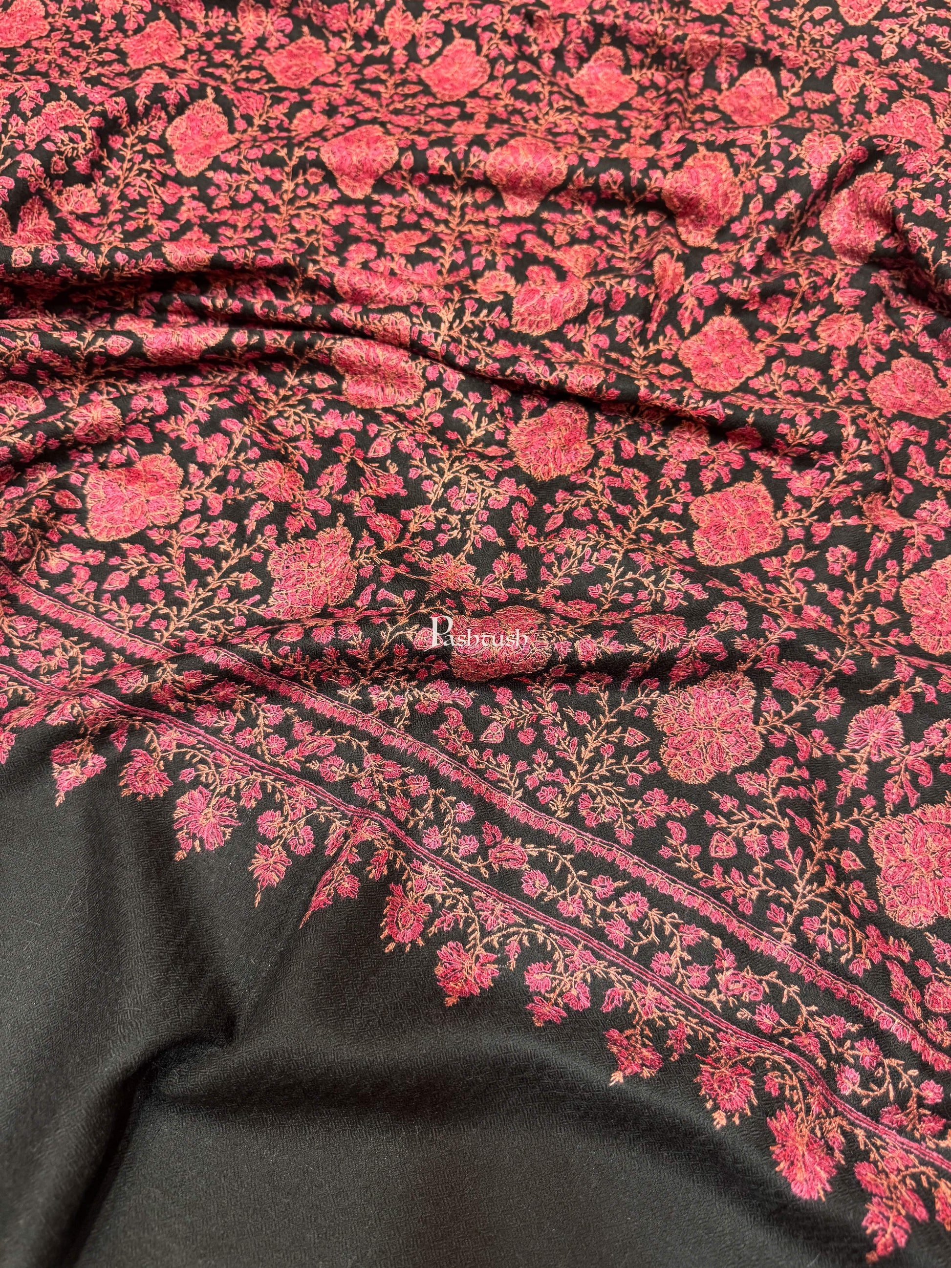 Pashtush India Womens Shawls Pashtush Pashmina Shawl , Hand Embroidered Multicoloured Jama Jaal, Handmade Kashmiri Embroidery, Black