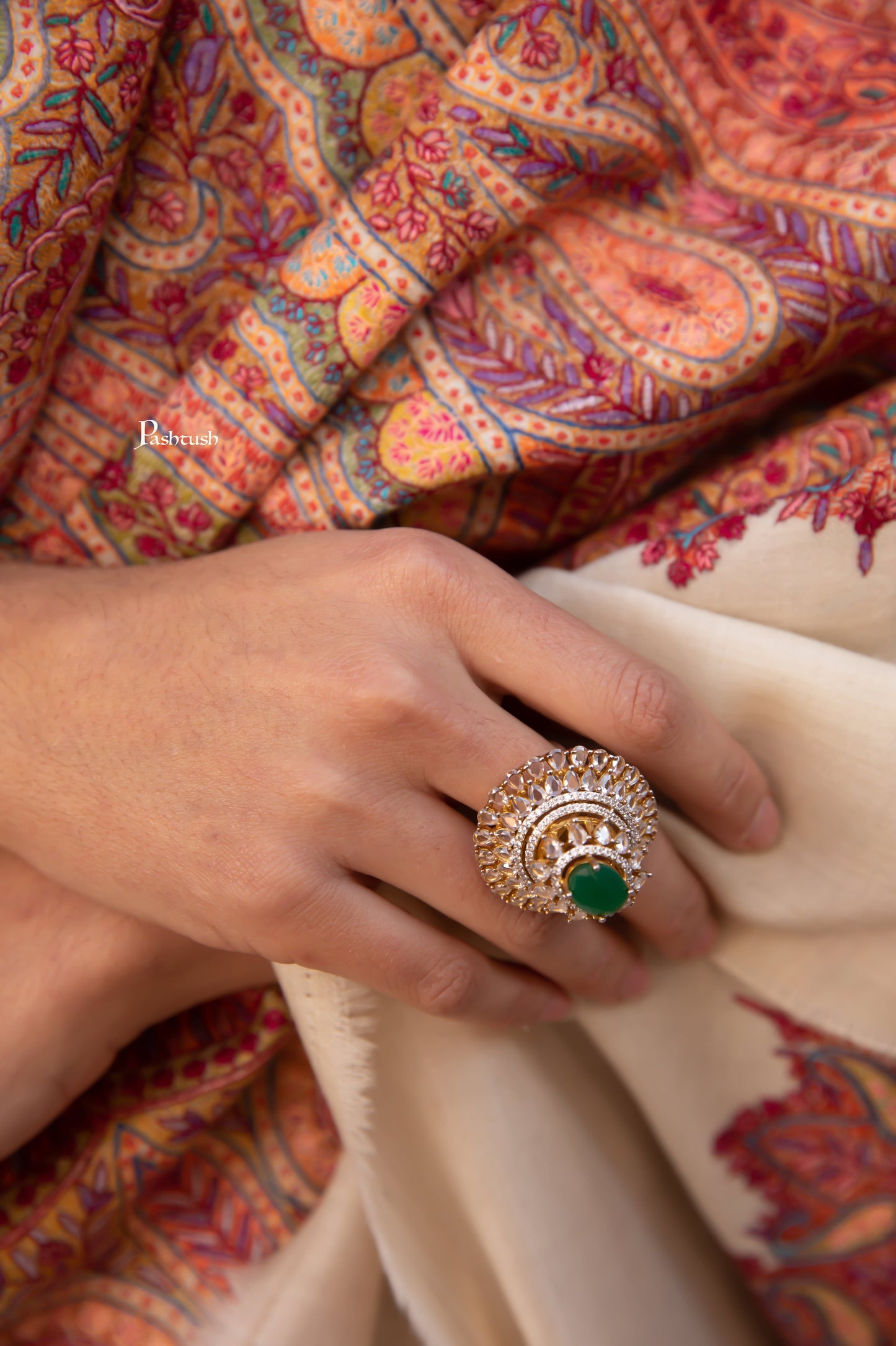 Pashtush India Womens Shawls Pashtush Pashmina Shawl, Hand Embroidery Jama, Kashmiri Needlework, handmade, Beige