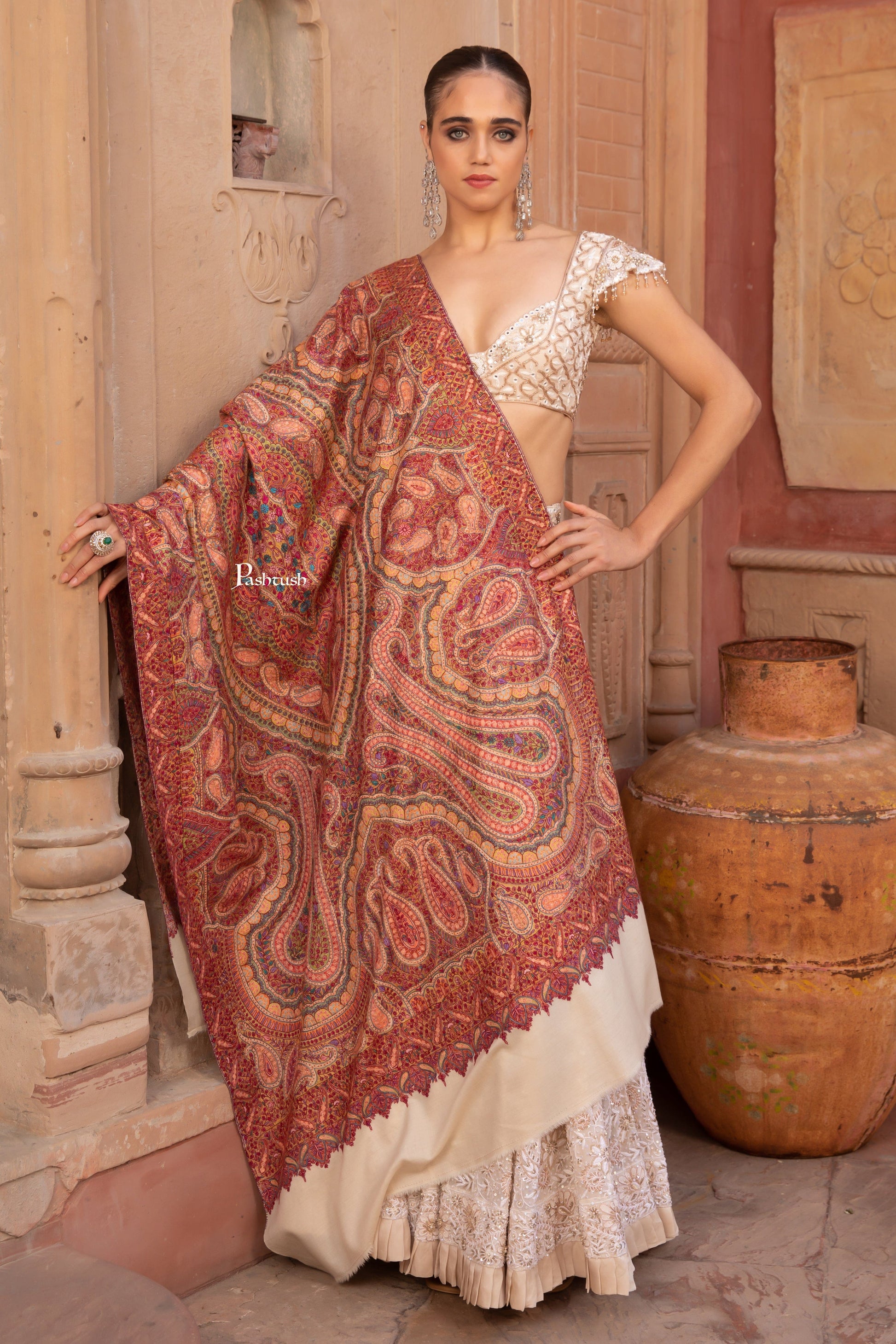 Pashtush India Womens Shawls Pashtush Pashmina Shawl, Hand Embroidery Jama, Kashmiri Needlework, handmade, Beige