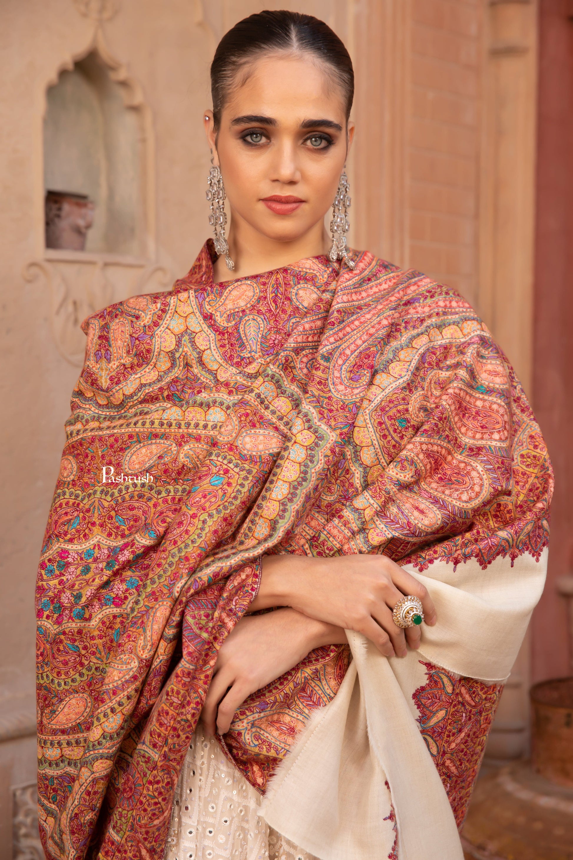 Pashtush India Womens Shawls Pashtush Pashmina Shawl, Hand Embroidery Jama, Kashmiri Needlework, handmade, Beige