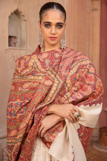Pashtush India Womens Shawls Pashtush Pashmina Shawl, Hand Embroidery Jama, Kashmiri Needlework, handmade, Beige